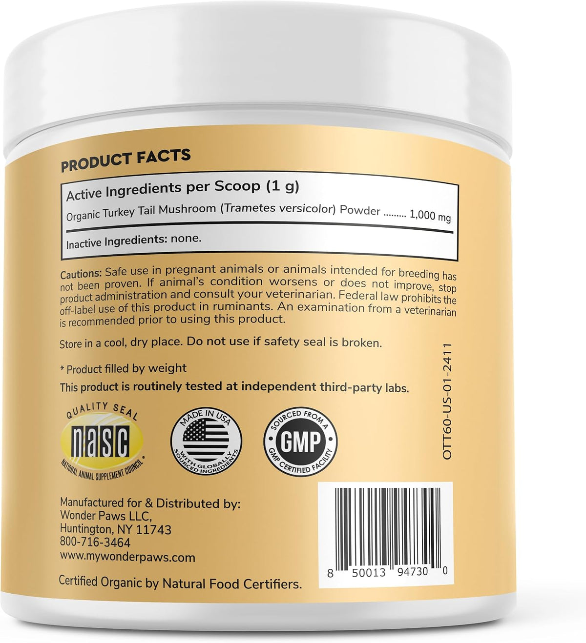 NASC certified dog mushroom powder by Wonder Paws for respiratory and cellular vitality.