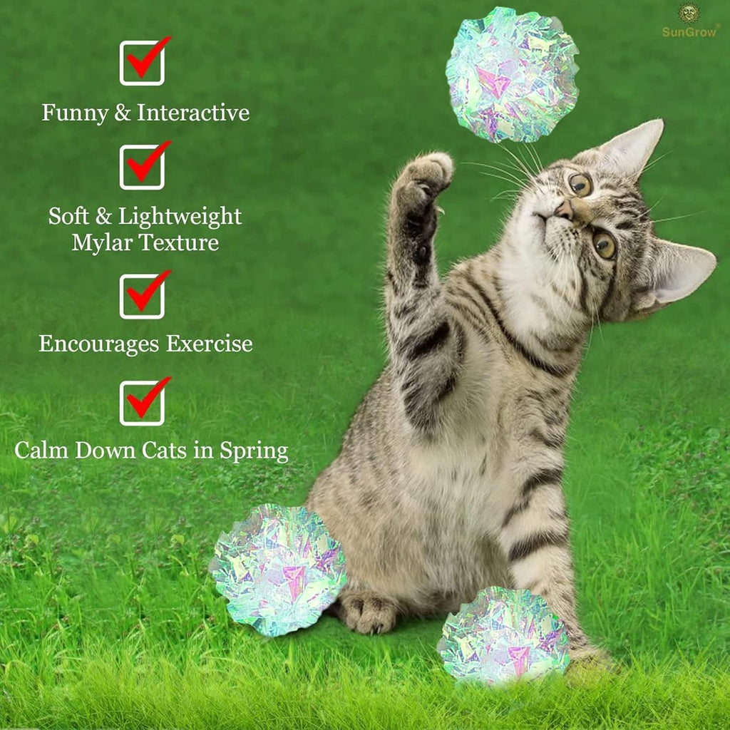 SunGrow two inch silver mylar balls for kittens and cats close up.