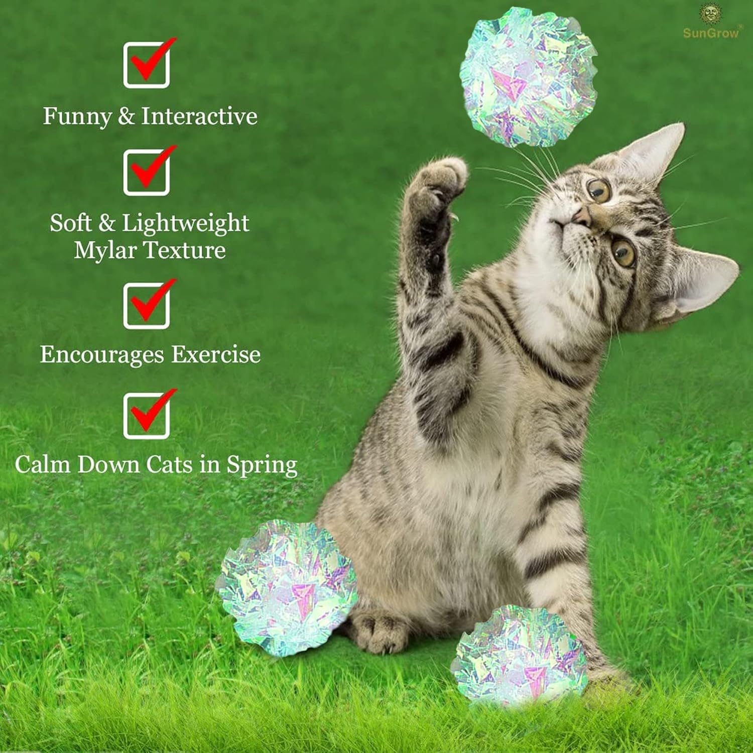 SunGrow two inch silver mylar balls for kittens and cats close up.