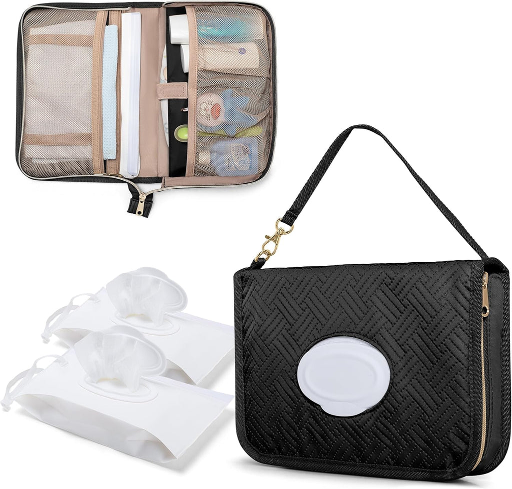 Rexmica diaper clutch bag front view showcasing black quilted design