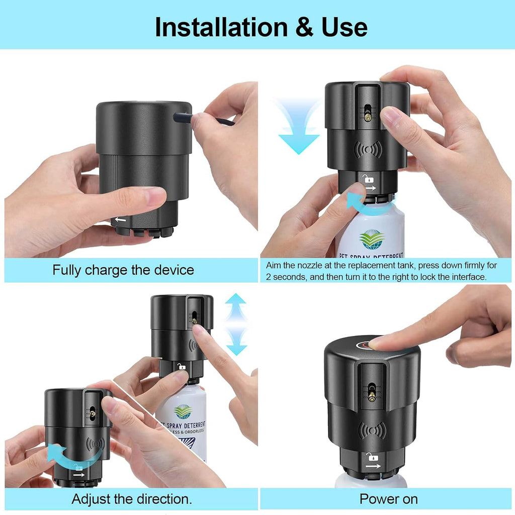 Diloqio pet deterrent system with replaceable spray canister