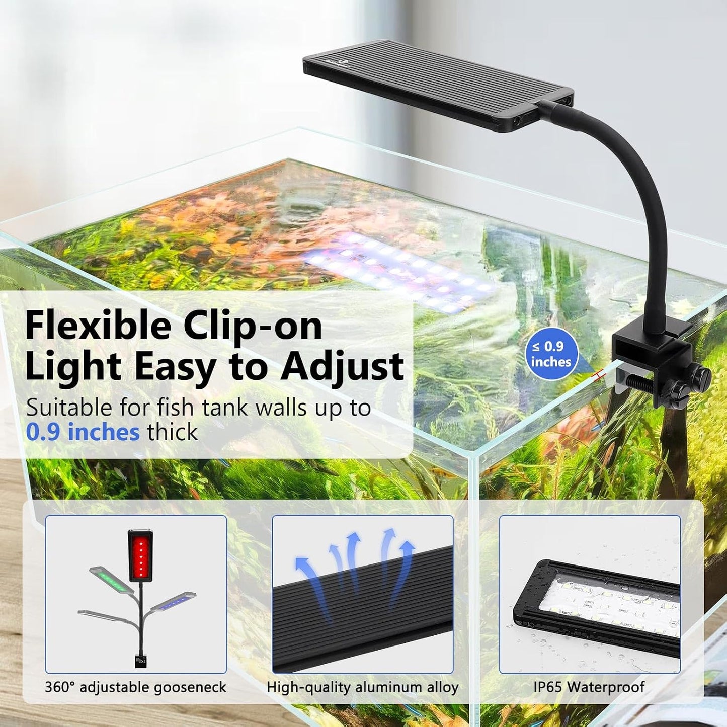 Waterproof nano aquarium light fixture highlighting full spectrum light emitting diodes.