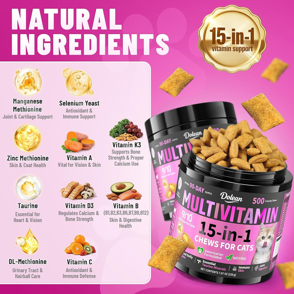 Carmelie 500 count cat multivitamin bottle with ingredients list