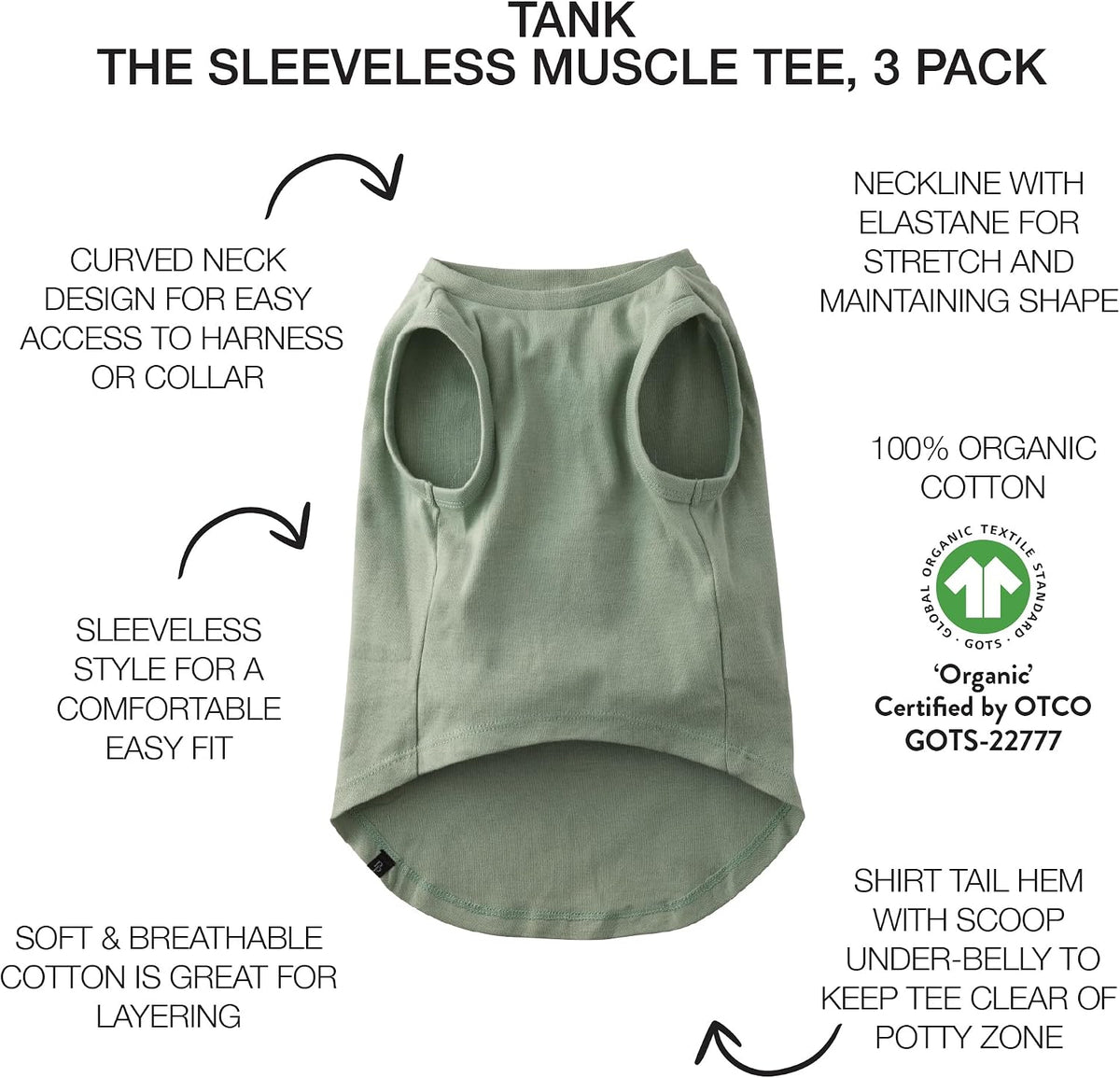 Three pack sleeveless pet shirts sage ombre