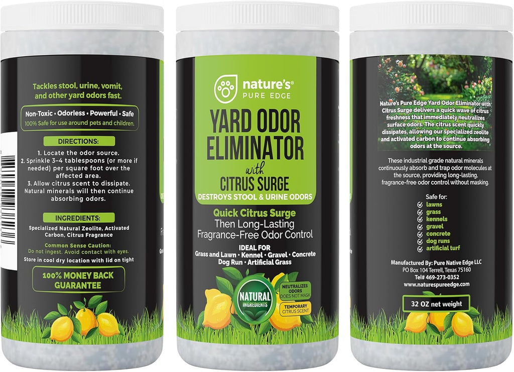 Nature's Pure Edge pet safe yard granules packaging showing natural ingredients list.
