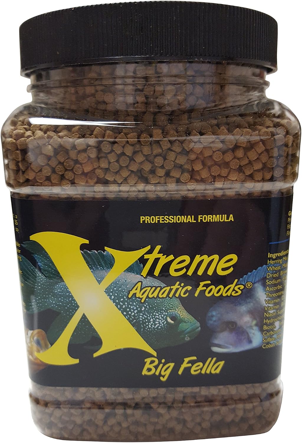 Xtreme Big Fella fish food next to a measuring spoon