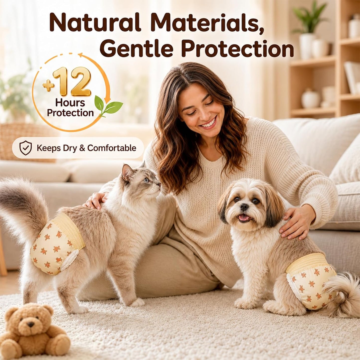 Ambreview dog diapers for female dogs showing the side leak barriers and elastic leg edges.