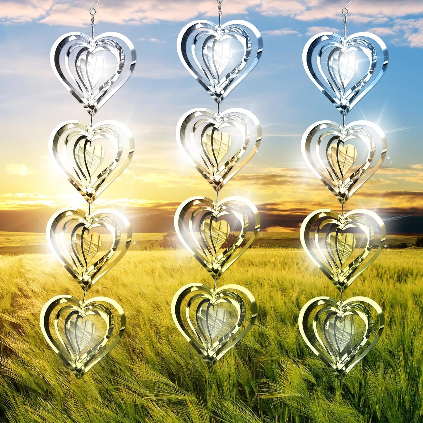 Acfunique heart-shaped bird deterrent wind spinners front view