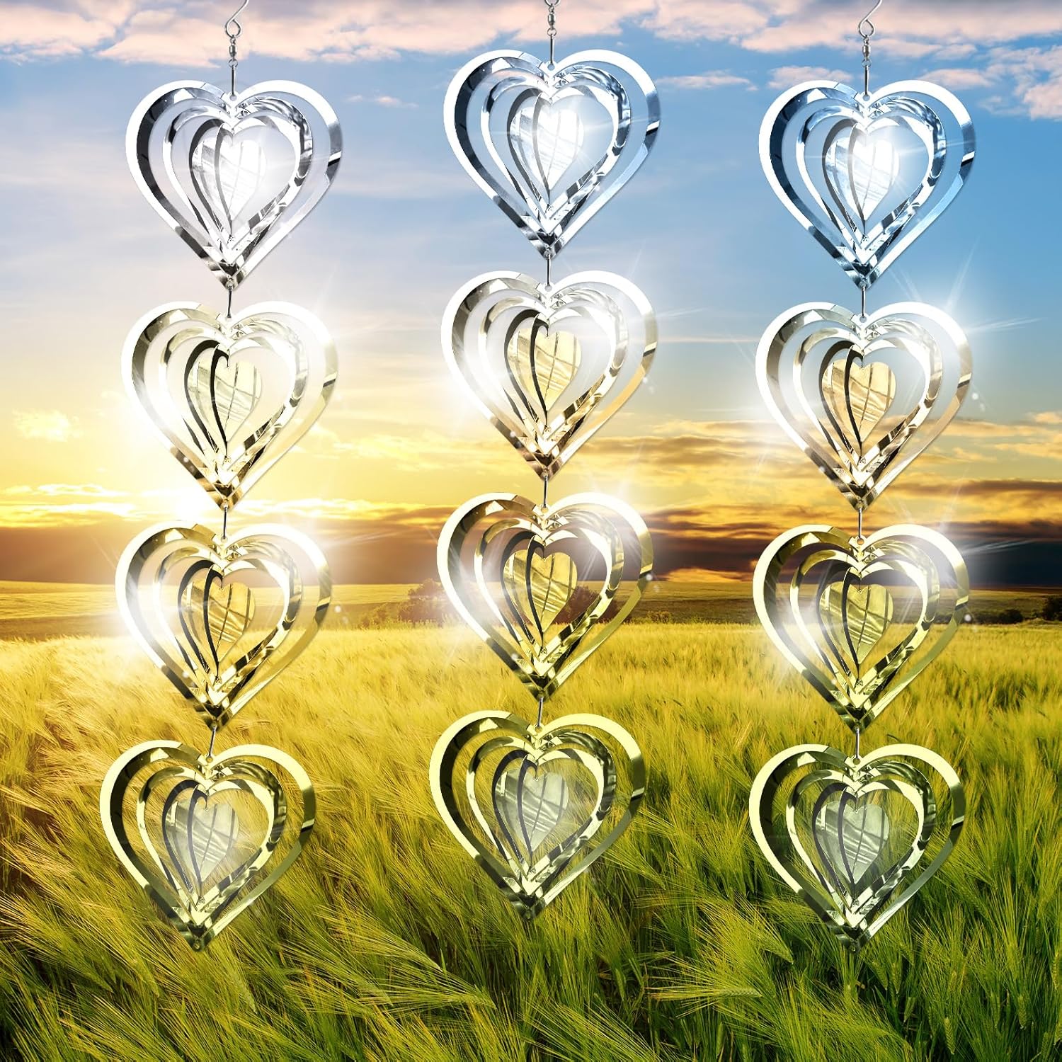 Acfunique heart-shaped bird deterrent wind spinners front view