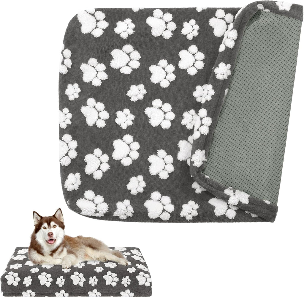 Balapet waterproof dog bed cover front view showing the dark gray paw print pattern on a rectangular mattress.