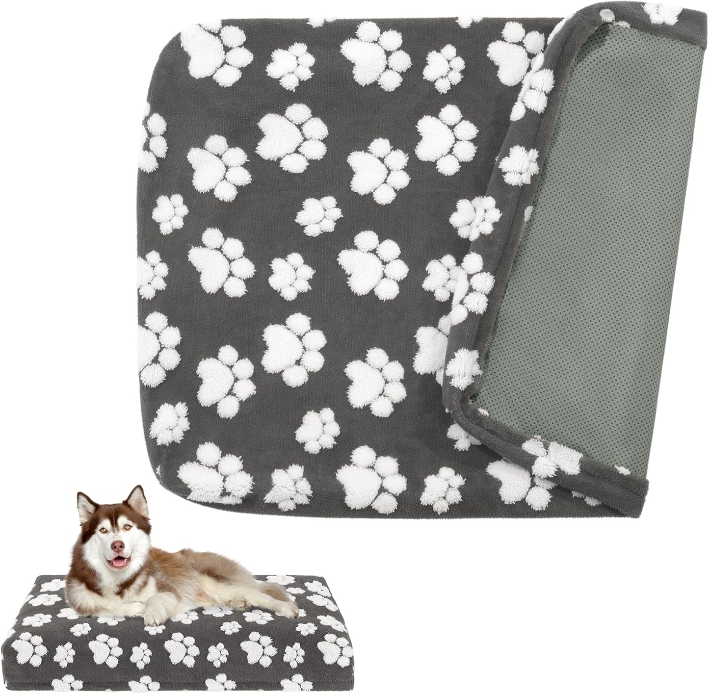 Balapet waterproof dog bed cover front view showing the dark gray paw print pattern on a rectangular mattress.