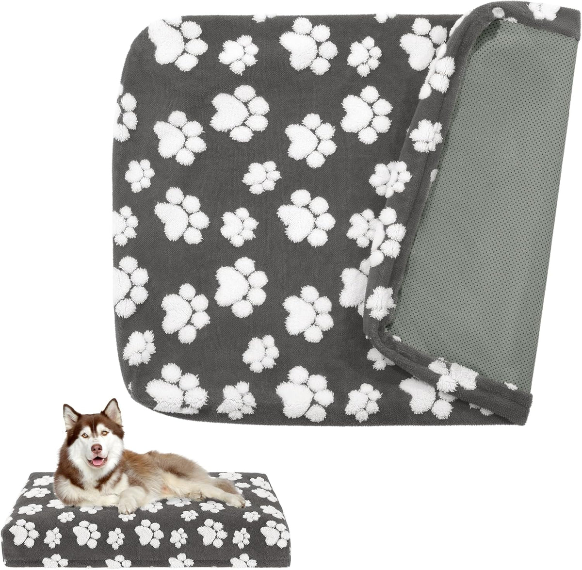 Balapet waterproof dog bed cover front view showing the dark gray paw print pattern on a rectangular mattress.
