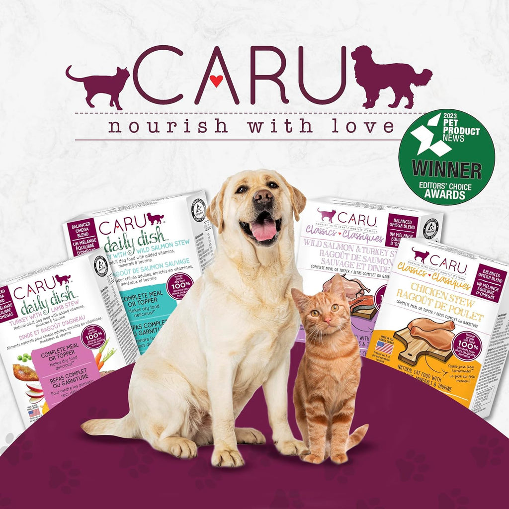 Caru cat food serving suggestion on a ceramic plate