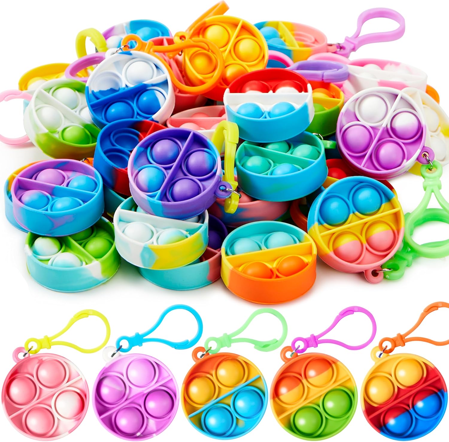 JOYIN Round Pop Fidget Keychain 30 Pack front view showing colorful silicone dimples.