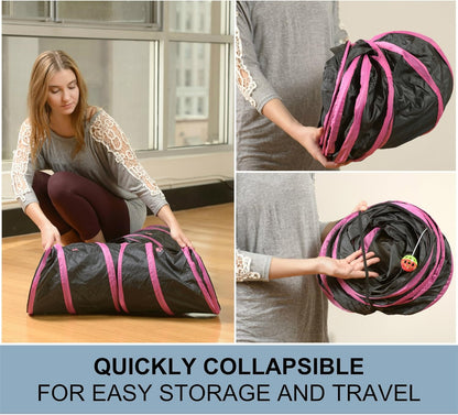Prosper Pet pink and black pet tunnel folded flat for compact travel storage