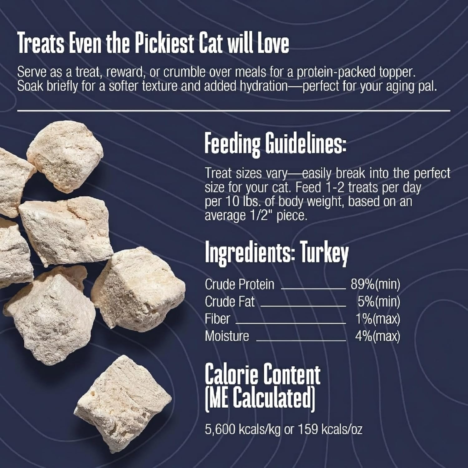 Human grade single ingredient freeze dried turkey cat snacks on a white background