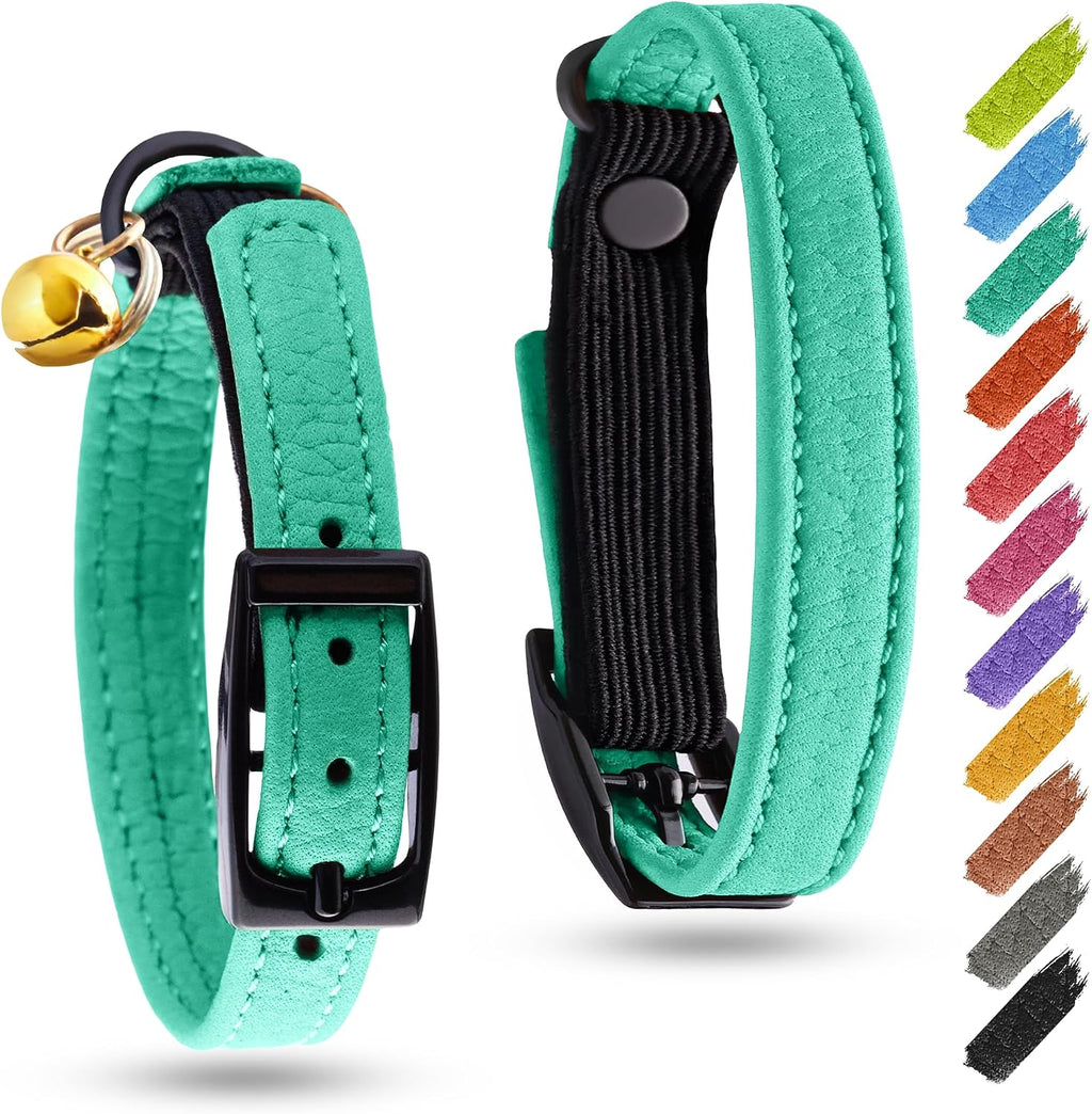 WAUDOG genuine leather cat collar front view in mint green with gold bell