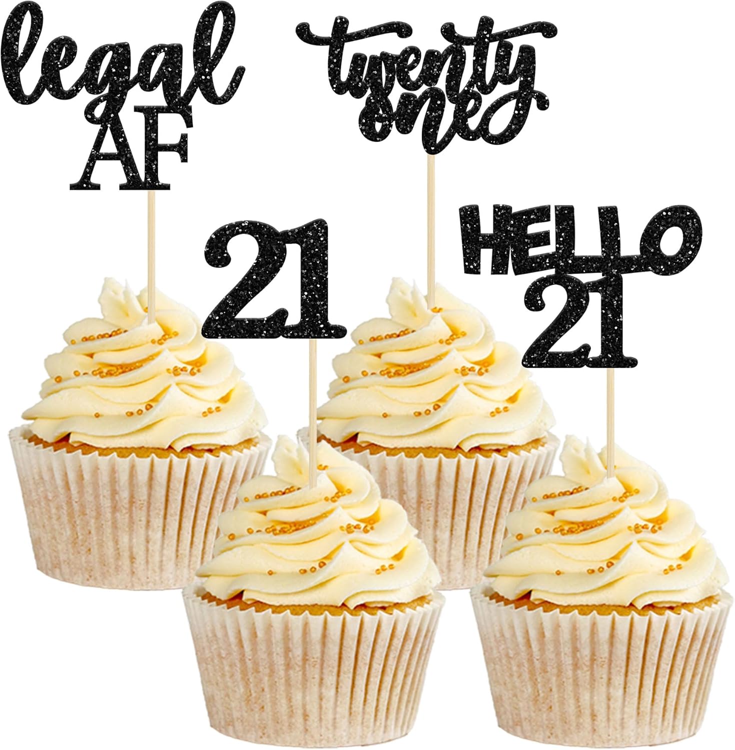 Gyufise 24 Piece Black Glitter 21st Birthday Cupcake Toppers front view showcasing Legal AF and Hello 21 designs