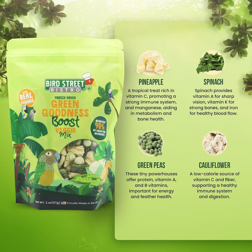 Cockatiel food packaging displaying freeze dried vegetable ingredients
