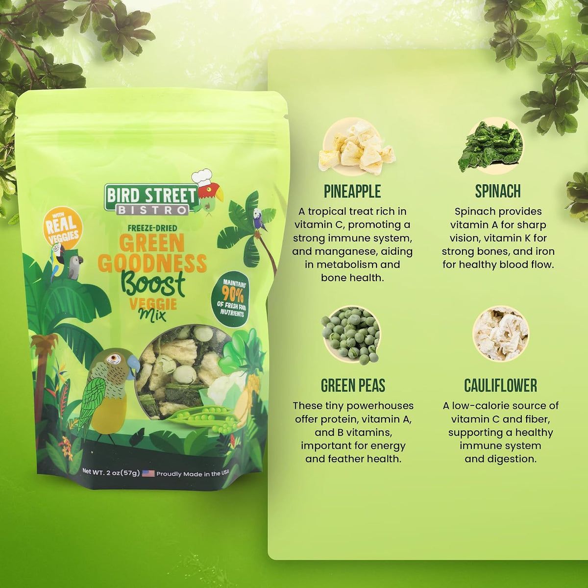 Cockatiel food packaging displaying freeze dried vegetable ingredients