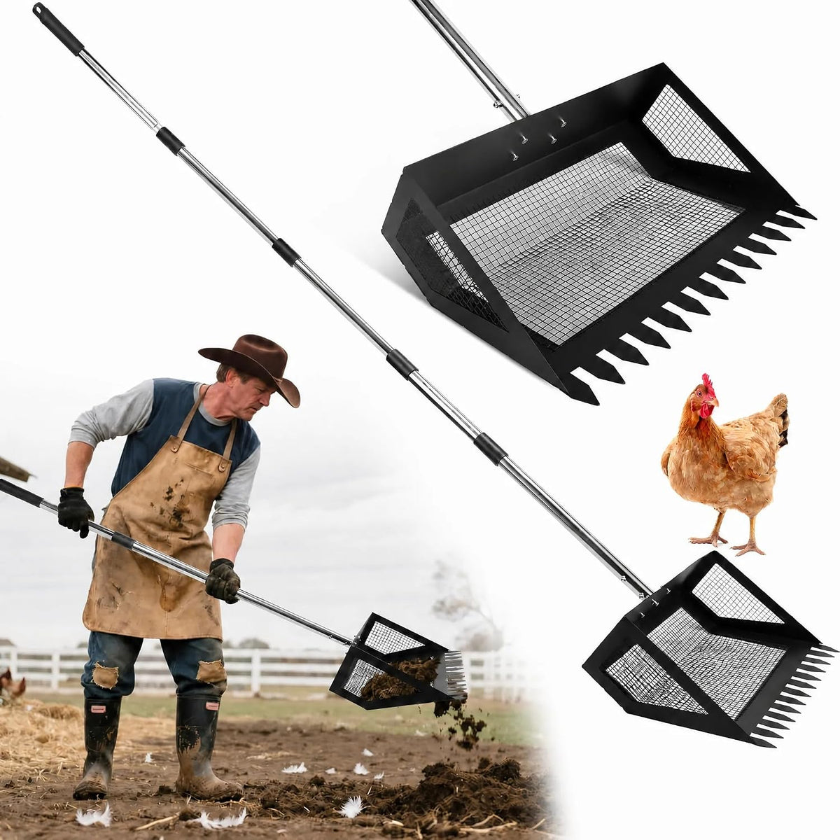 JOYANDRO chicken poop scooper front view showcasing the extra large fifteen inch metal shovel face.