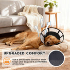 Adjustable dog recovery cone featuring strong hook and loop fasteners close up view.