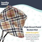 Dog wearing Huxley and Kent plaid bucket hat outdoors