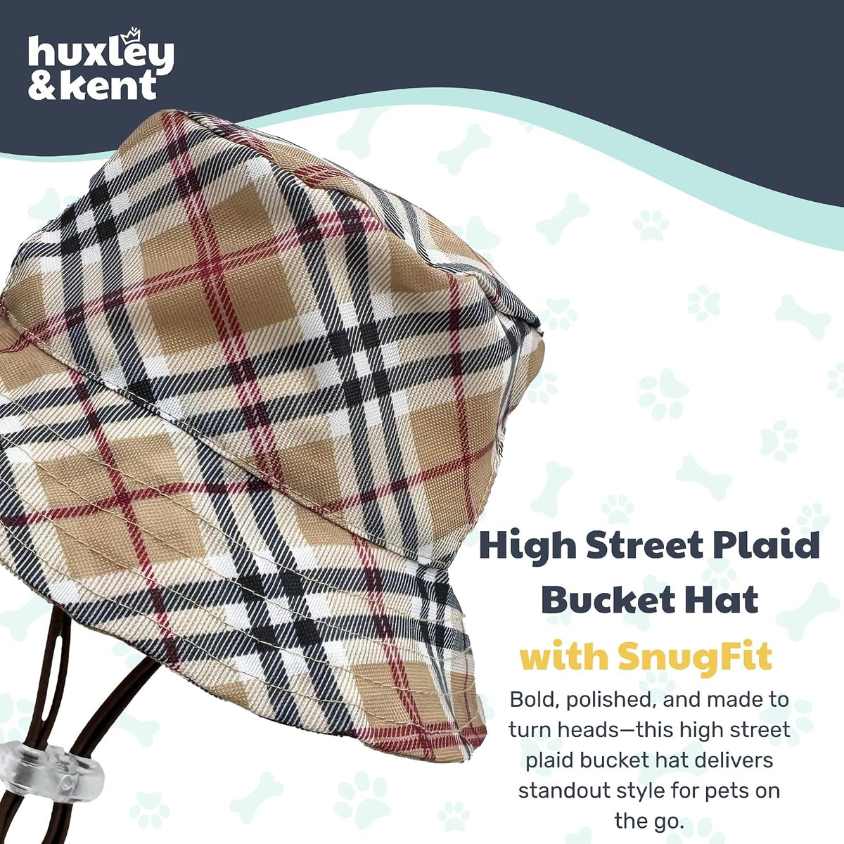 Dog wearing Huxley and Kent plaid bucket hat outdoors