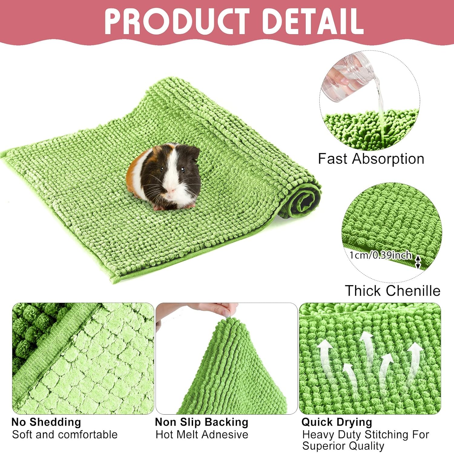 Green and pink reusable small animal pee pads in a cage