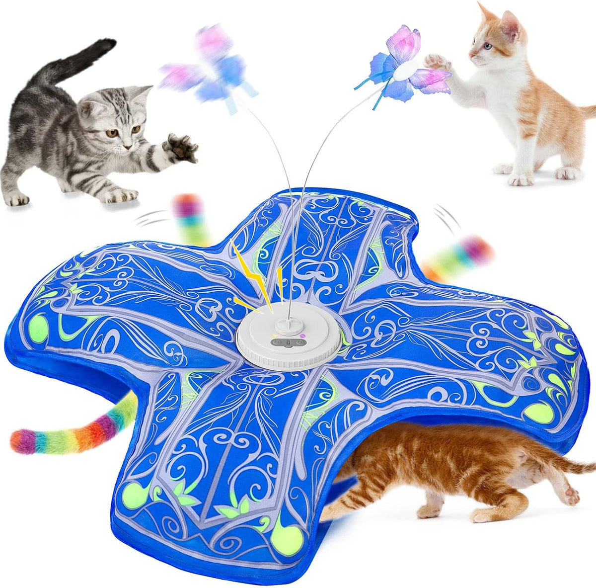 Qraxond interactive cat toy front view showing the blue plush cover and fluttering butterfly.
