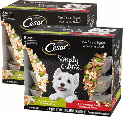 Cesar Simply Crafted Wet Dog Food Toppers for Dry Food, Chicken, Duck, Purple Potatoes, Pumpkin, Green Beans & Brown Rice, and Chicken, Carrots, Barley & Spinach Variety Pack, 1.3 oz Tubs, 8 Count - Image 11