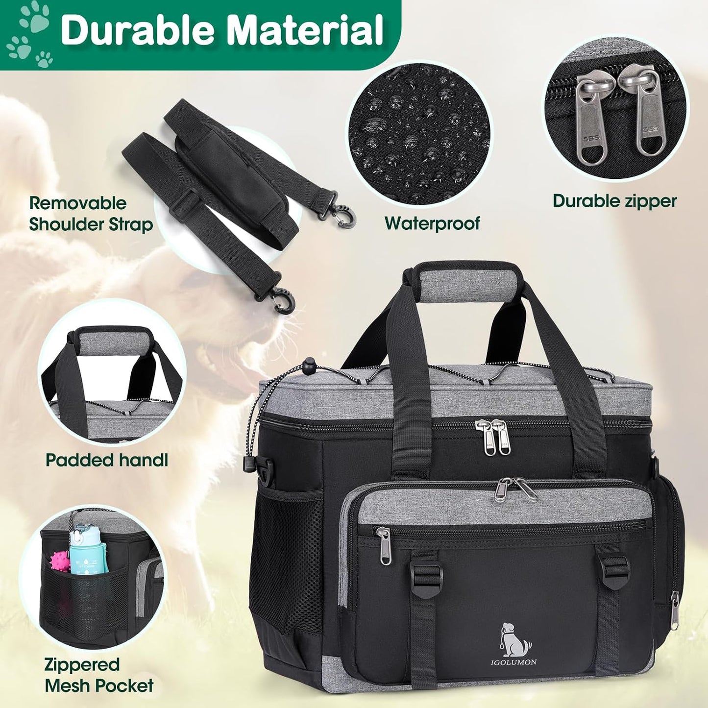 IGOLUMON dog travel tote bag showing adjustable dividers and interior pockets