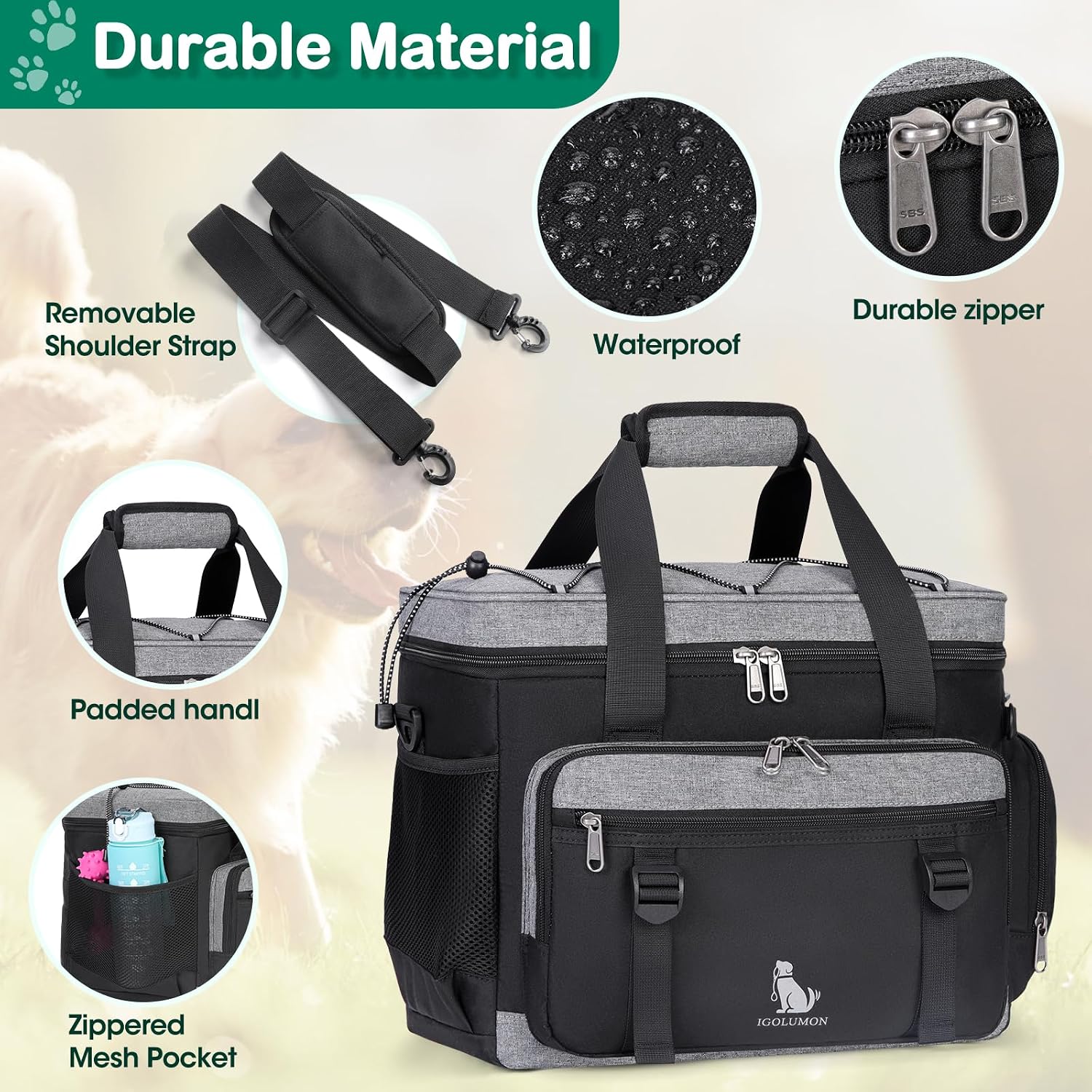 IGOLUMON dog travel tote bag showing adjustable dividers and interior pockets