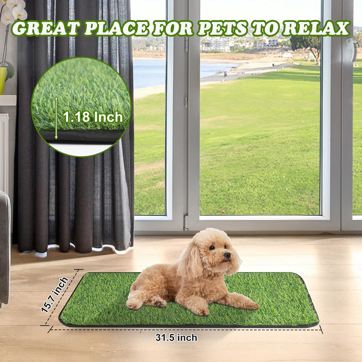 Pet using indoor grass pee mat on balcony