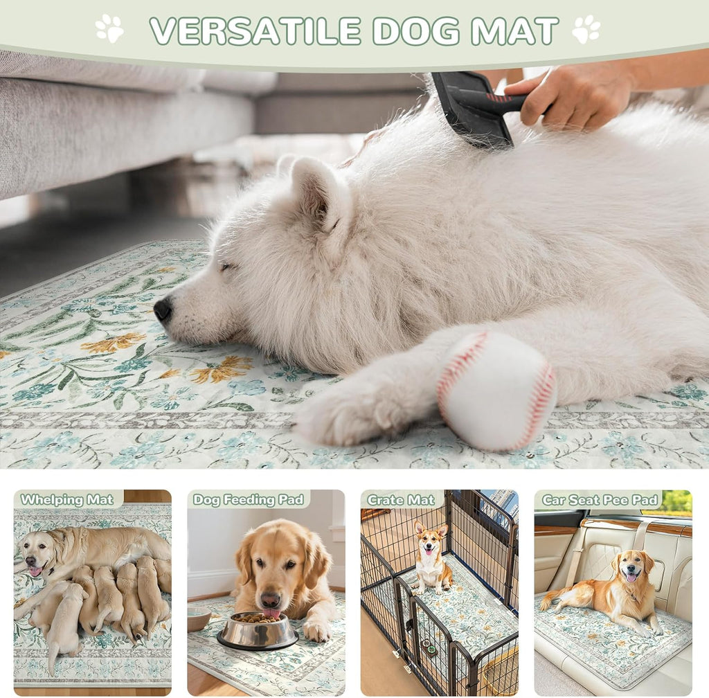 Beige floral reusable puppy pad placed inside a pet crate