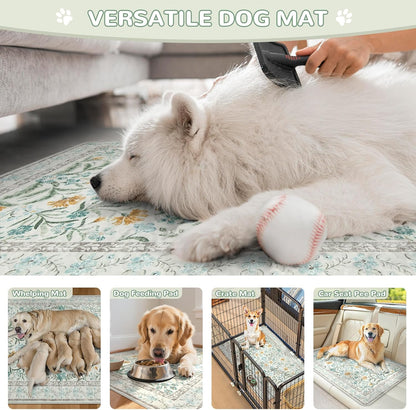 Beige floral reusable puppy pad placed inside a pet crate