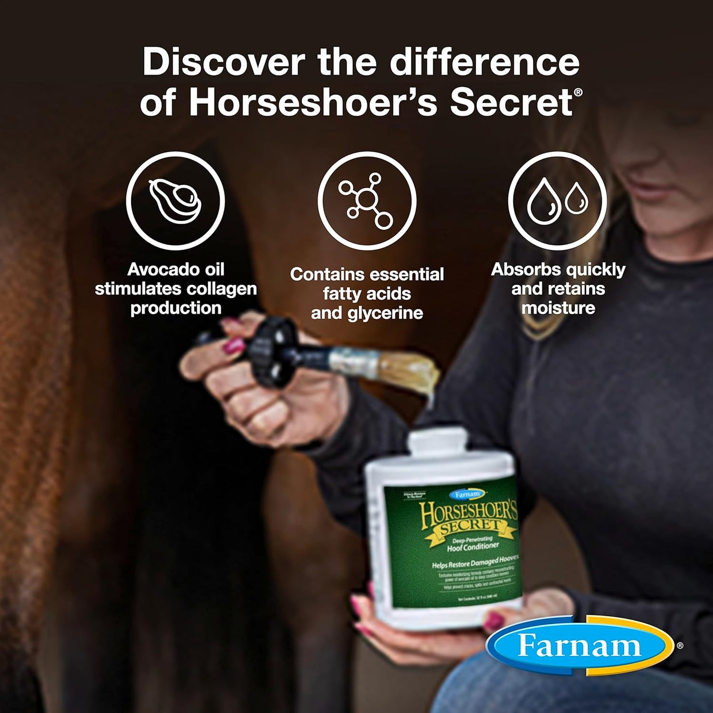 Specialized applicator nozzle details on Farnam deep-penetrating horse hoof oil.
