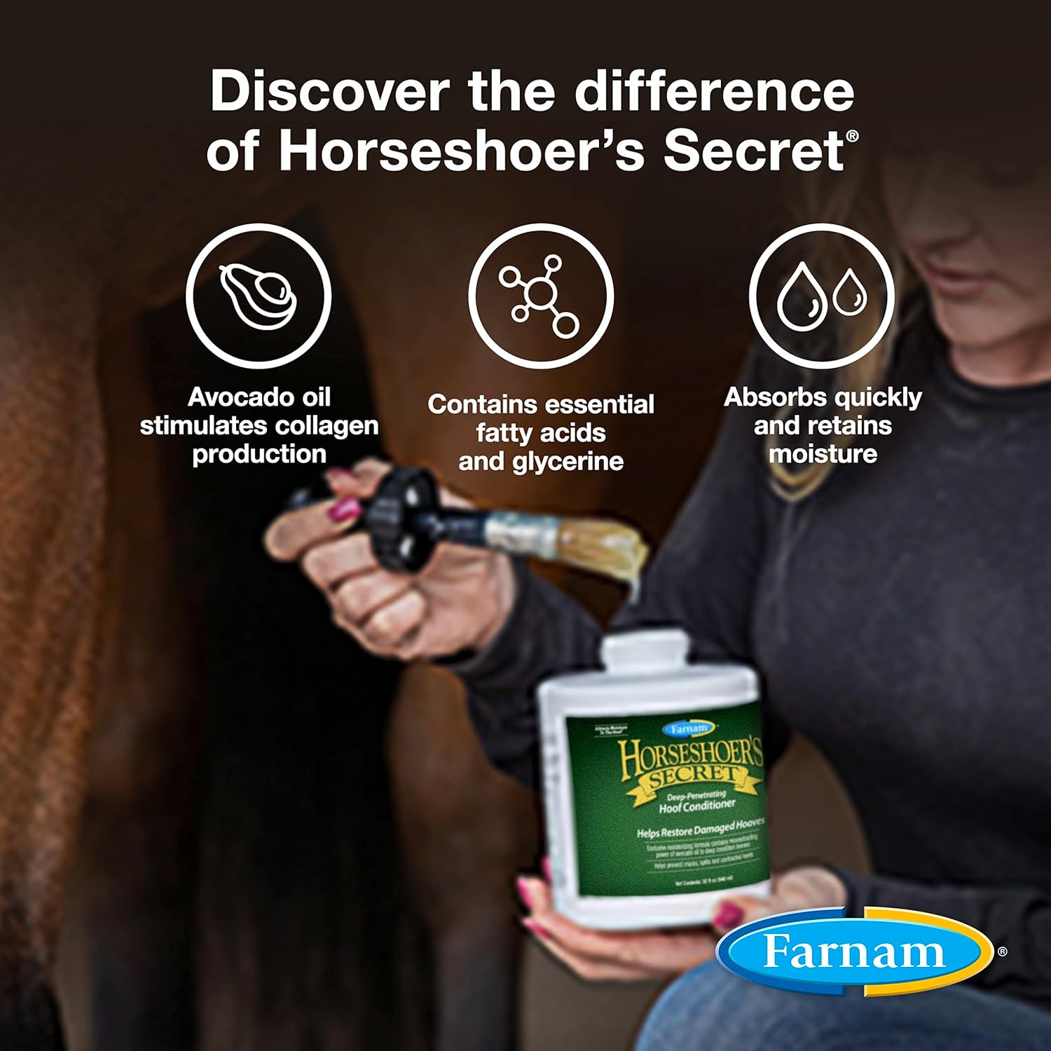 Specialized applicator nozzle details on Farnam deep-penetrating horse hoof oil.