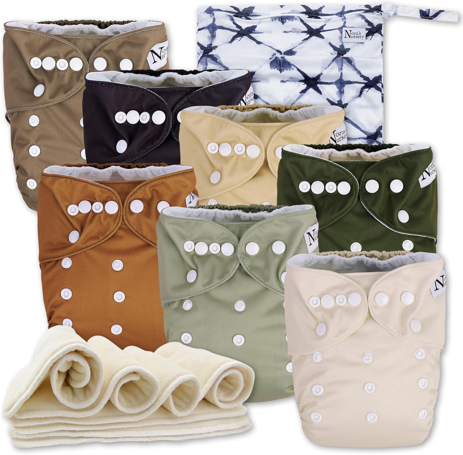 Nora's Nursery cloth diapers front view of seven earth-toned pocket diaper covers