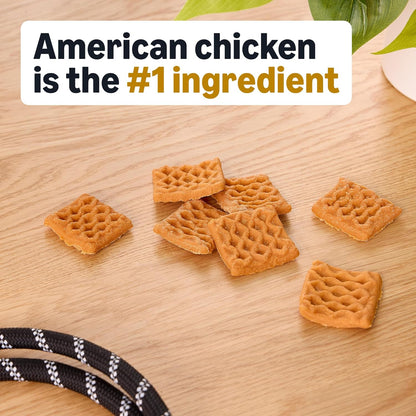 USA imported Amazon Basics soft dog treats bag showing real chicken ingredient label