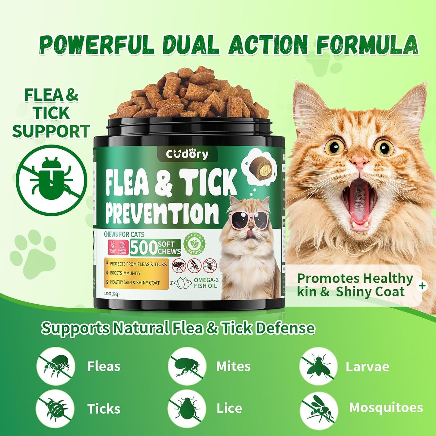 Back label of Cudory cat oral supplement detailing the complete list of ingredients and daily feeding directions.