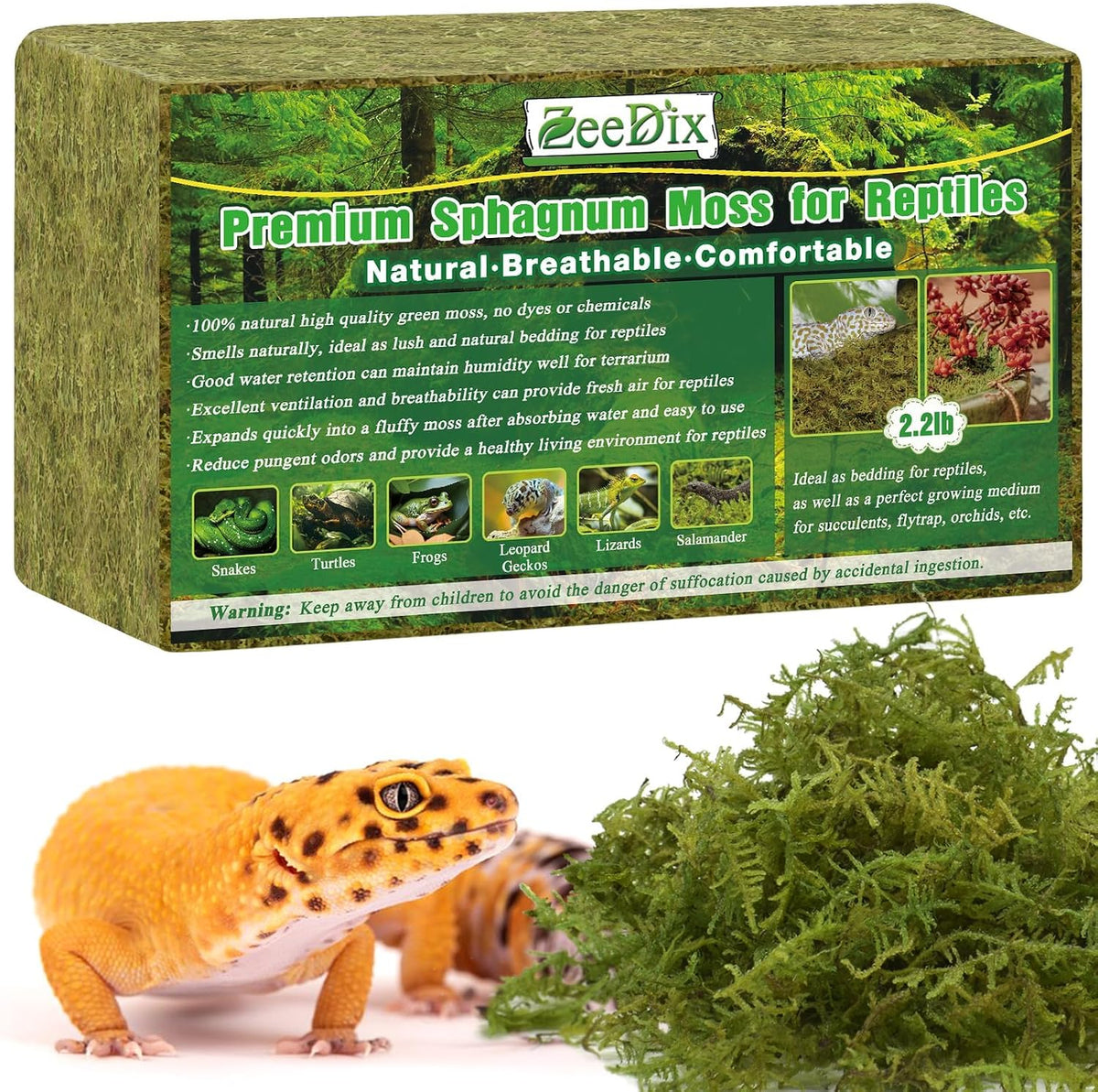 ZeeDix 8OZ Sphagnum Moss for Reptiles/Plants, Natural Reptile Moss Bedding for Tortoise Gecko Lizard Snake Hermit Crab Terrarium Habitat, Odor Control & Humidity Retention - Image 9