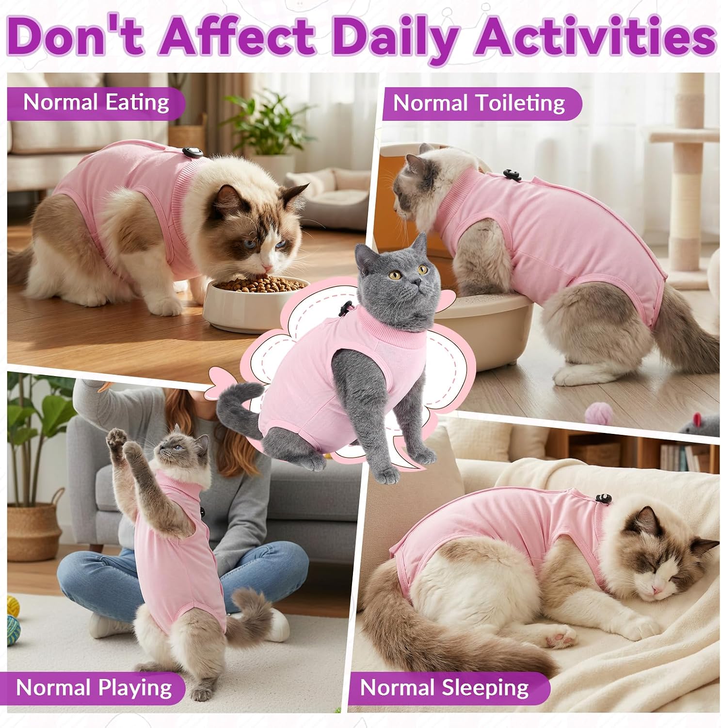 Emutol cat bodysuit showing litter box accessibility design