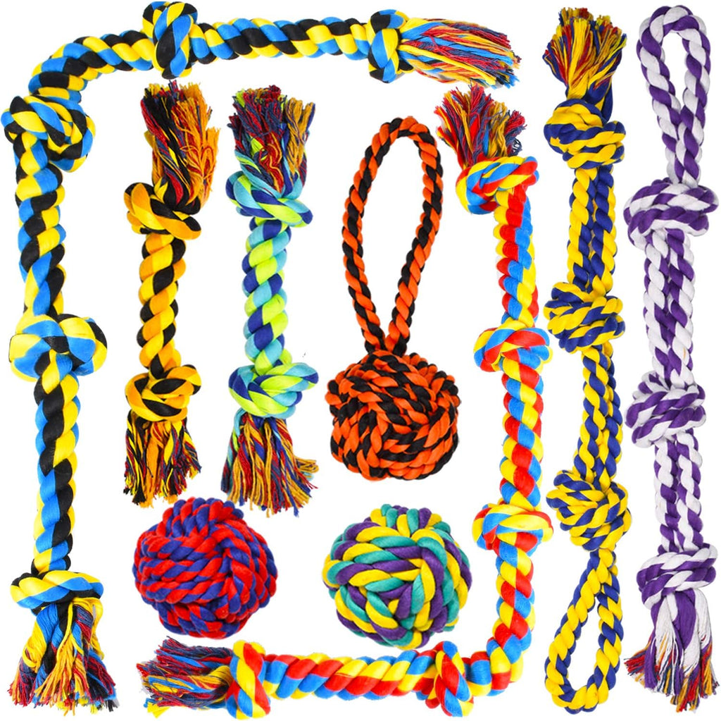 SHARLOVY large tough dog chew toys 9-pack front view showcasing multicolor heavy duty cotton rope variations