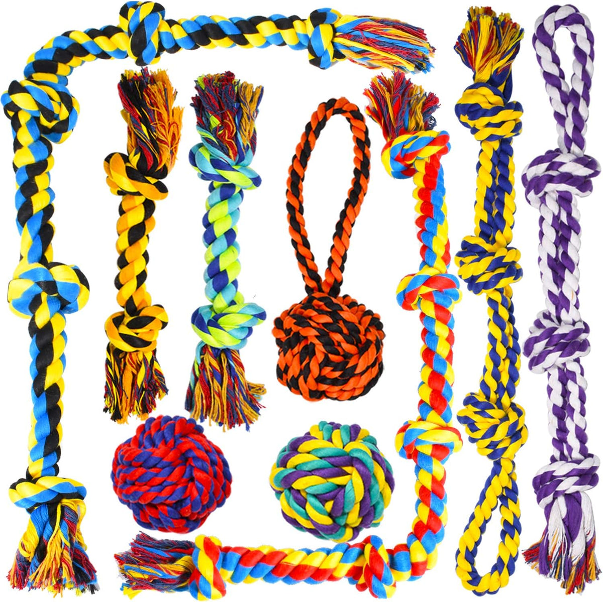 SHARLOVY large tough dog chew toys 9-pack front view showcasing multicolor heavy duty cotton rope variations