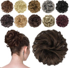 FESHFEN messy bun hair piece front view showing wavy curly synthetic scrunchie extension