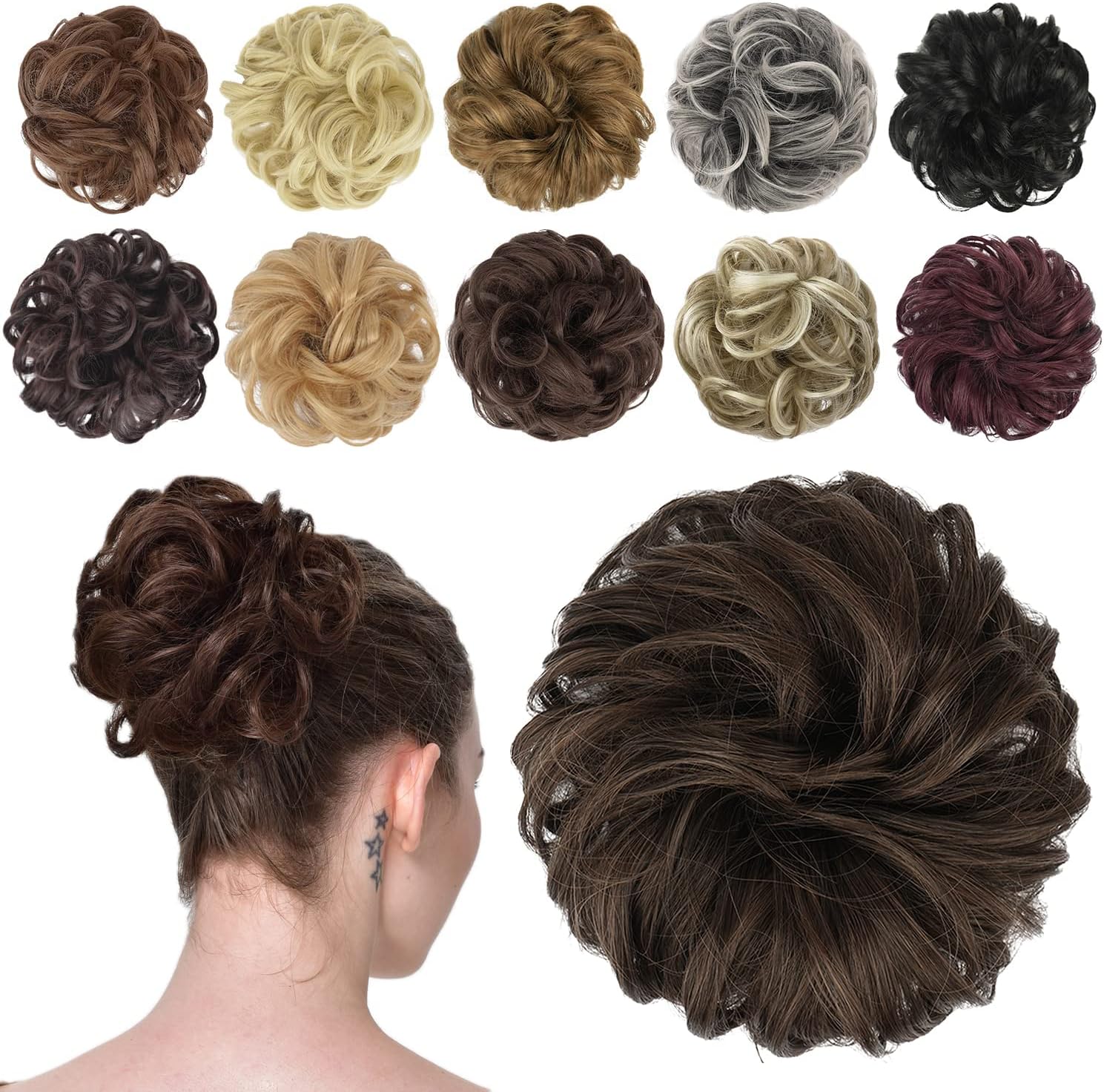 FESHFEN messy bun hair piece front view showing wavy curly synthetic scrunchie extension