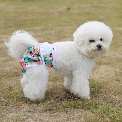 Back view of the pet diaper demonstrating the flexible elastic waistband and snug fit