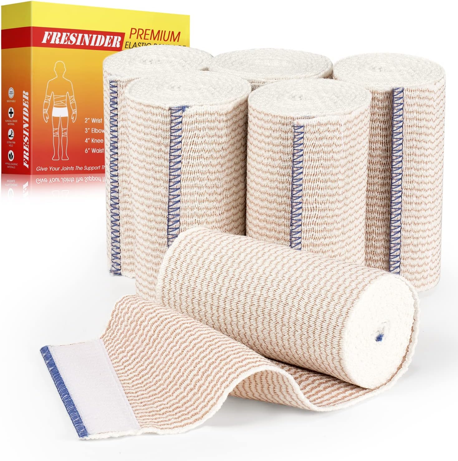 FRESINIDER Premium Elastic Bandage Wrap 6 Pack front view for compression support.