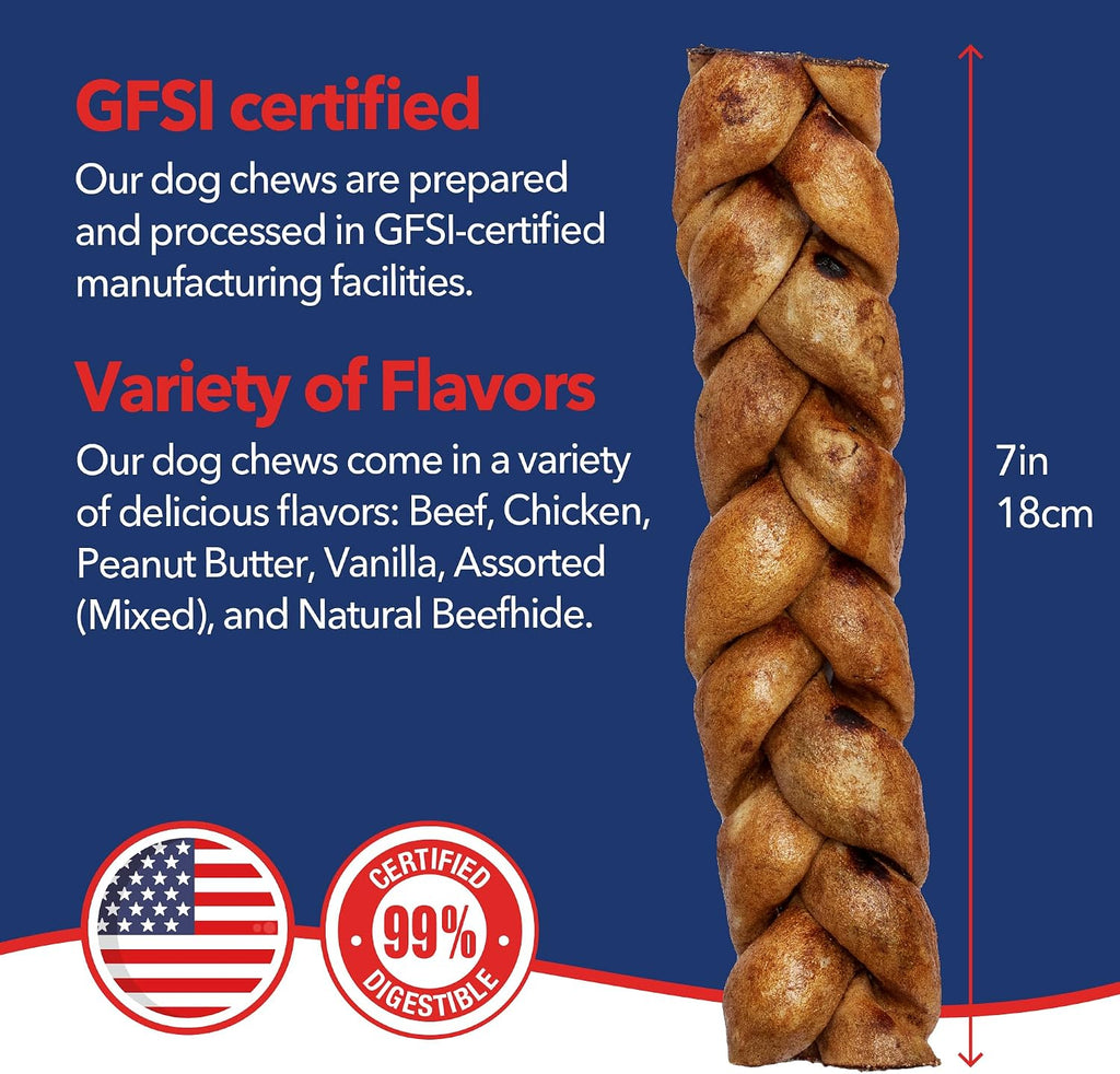 Premium American beefhide braided dog treats displaying the ninety nine percent digestible claim